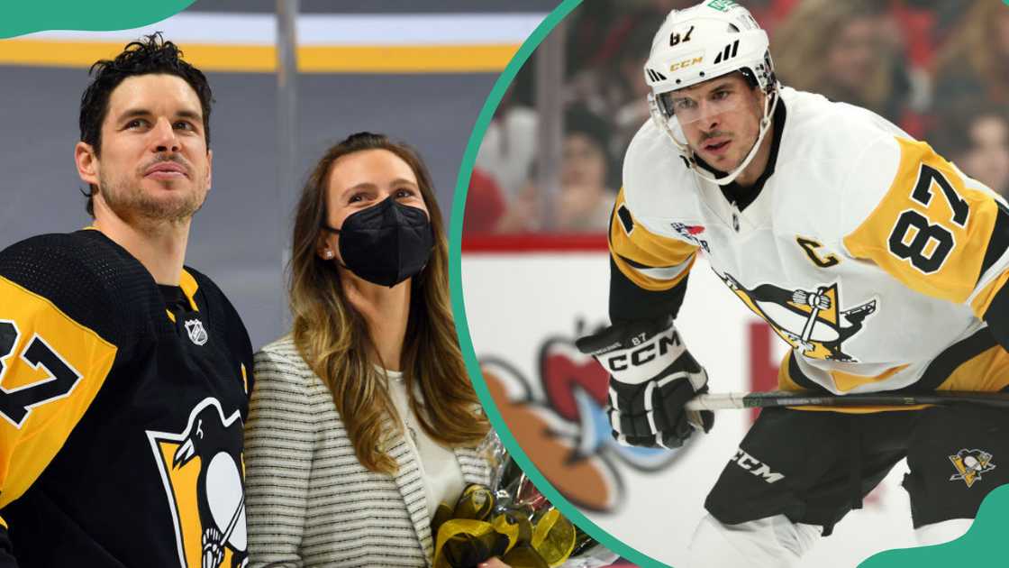 Sidney Crosby joins his girlfriend Kathy Leutner during pregame ceremonies (L). Sidney looks on during the first period of the game (R)