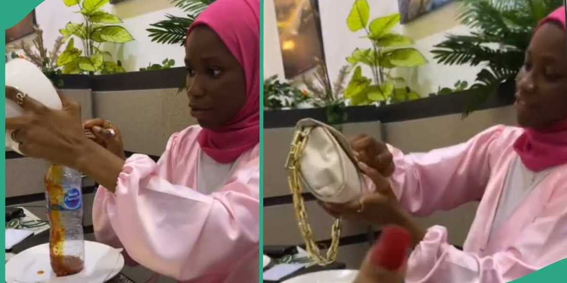 Nigerian lady packs leftover stew into water bottle after paying N10k for rice Nigerian lady packs leftover stew into water bottle after paying N10k for rice