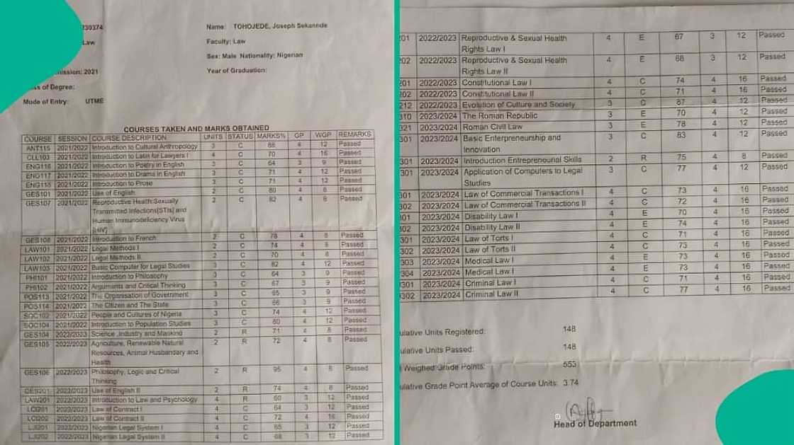 University of Ibadan law student posts transcript, shows outstanding results from 100 to 300 level