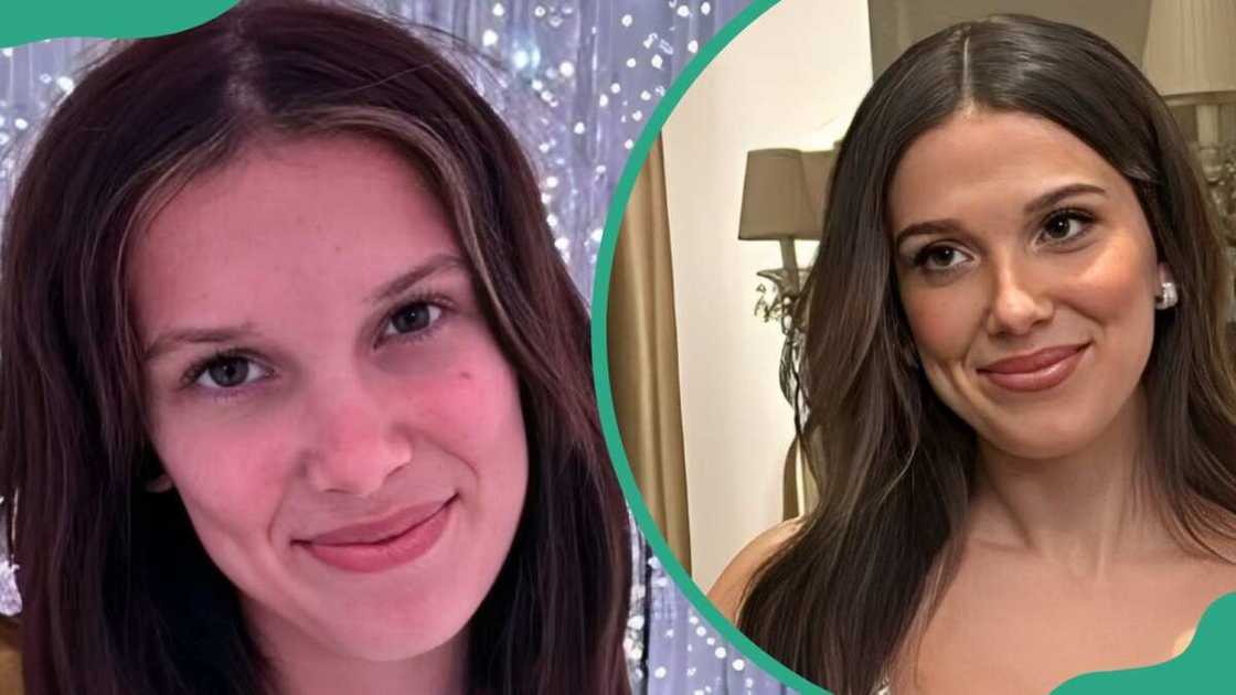 Millie Bobby Brown posing for a photo in two different indoor environments Millie Bobby Brown posing for a photo in two different indoor environments