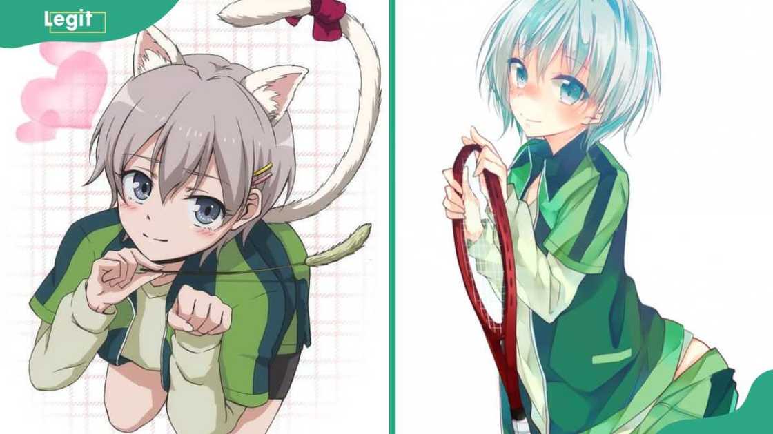 Totsuka Saika on a pitch (R) and holding a tennis ball racket (L) Totsuka Saika on a pitch (R) and holding a tennis ball racket (L)