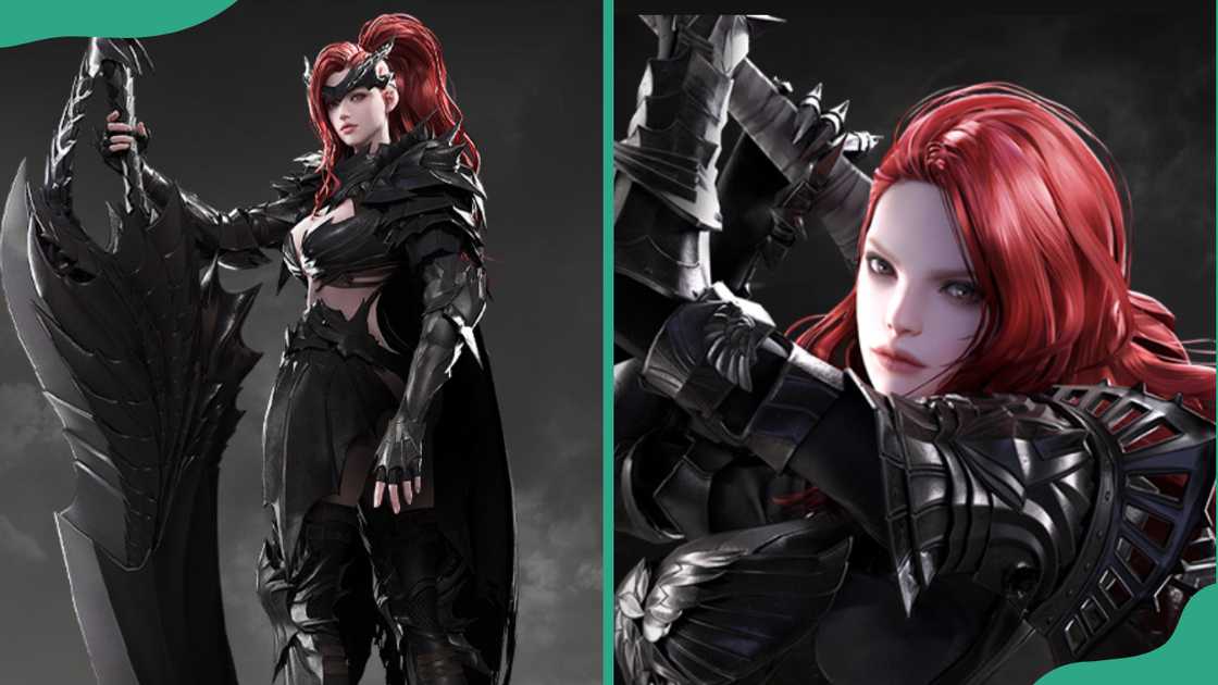Slayer in dark armour with a massive sword (L). Red-haired slayer holding a sword (R). Slayer in dark armour with a massive sword (L). Red-haired slayer holding a sword (R).