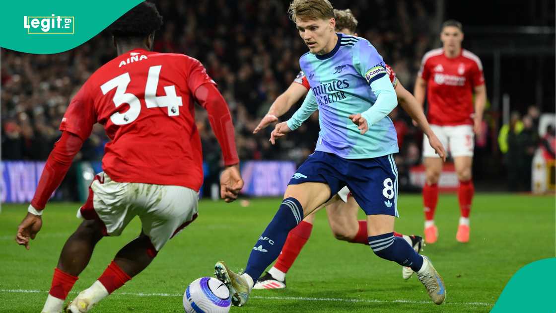 Ola Aina, Martin Odegaard, Arsenal, Nottingham Forest, City Ground, Nottingham, England, Premier League. Ola Aina, Martin Odegaard, Arsenal, Nottingham Forest, City Ground, Nottingham, England, Premier League.
