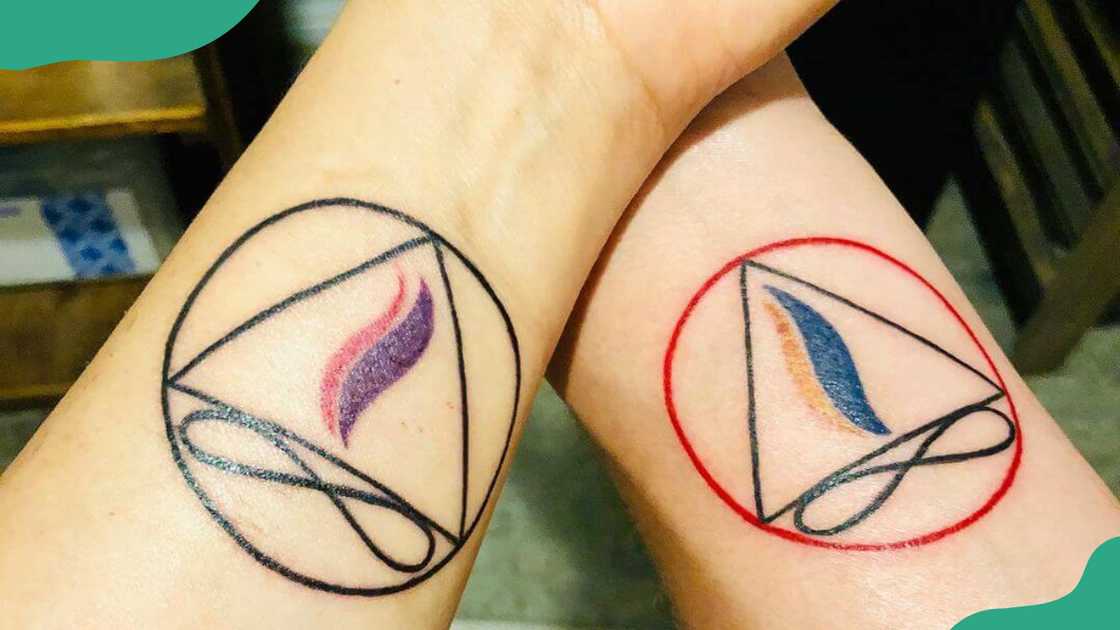 Twin flames tattoos with symbolic additions