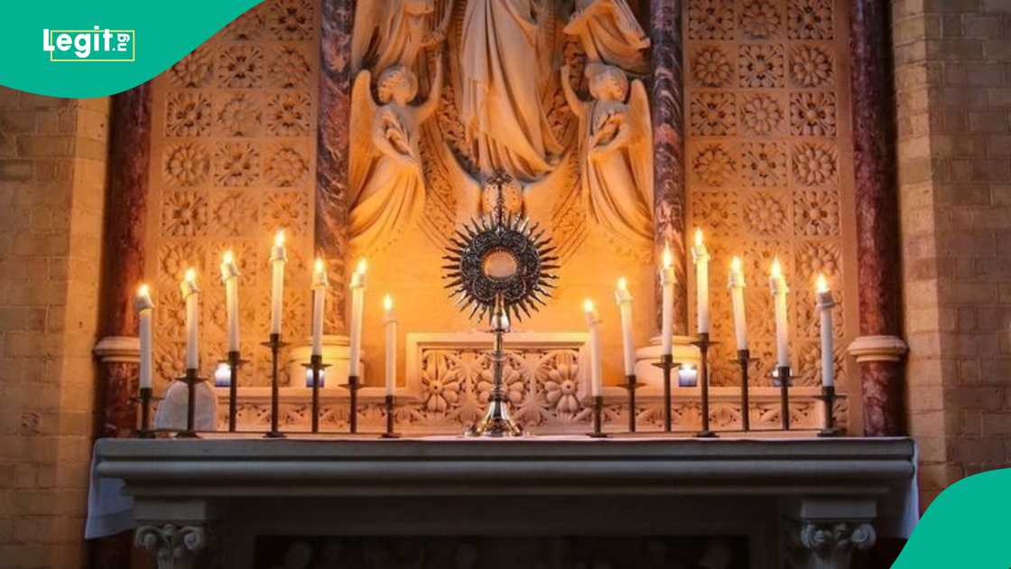 Interior of a Catholic church amid mourning after a priest’s death at the altar. Interior of a Catholic church amid mourning after a priest’s death at the altar.