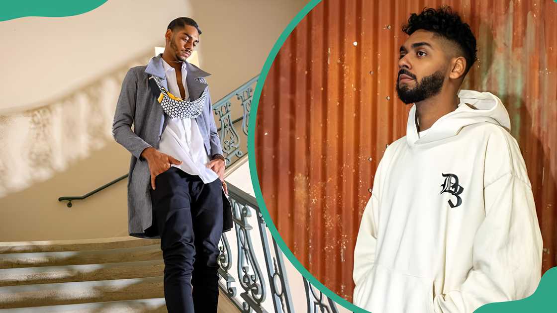Julian Broadus posing on the stairs with both hands in his pocket (L). Julian posing in a white hoodie (R). Julian Broadus posing on the stairs with both hands in his pocket (L). Julian posing in a white hoodie (R).
