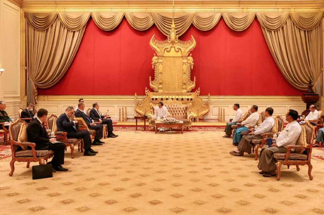 Russian Foreign Minister Sergei Lavrov (C,L) meets with Myanmar's Min Aung Hlaing (C) Russian Foreign Minister Sergei Lavrov (C,L) meets with Myanmar's Min Aung Hlaing (C)