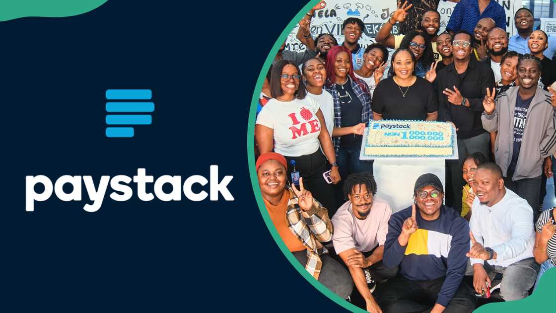 Paystack logo (L). Paystack employees celebrating a milestone in the company (R) Paystack logo (L). Paystack employees celebrating a milestone in the company (R)