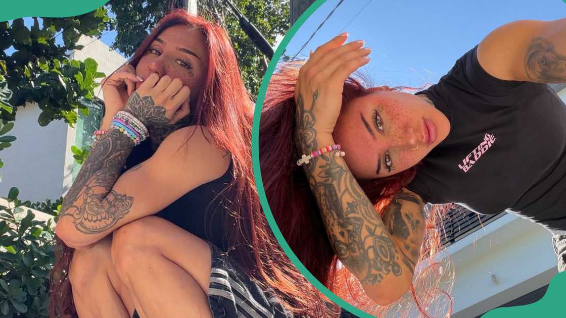 Bakhar Nabieva in a black top and shorts with white stripes. Bakhar Nabieva in a black top and shorts with white stripes.