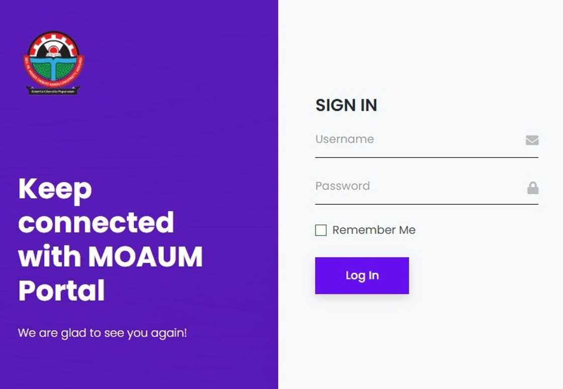 Benue State University portal's login page
