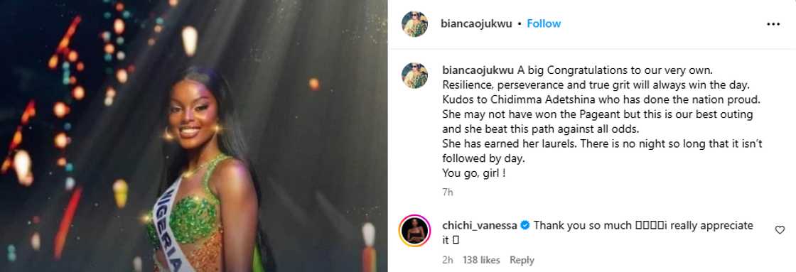 Miss Universe: Bianca Ojukwu celebrates Chidimma Adetshina.