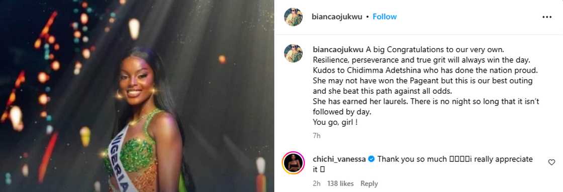 Miss Universe: Bianca Ojukwu celebrates Chidimma Adetshina. Miss Universe: Bianca Ojukwu celebrates Chidimma Adetshina.