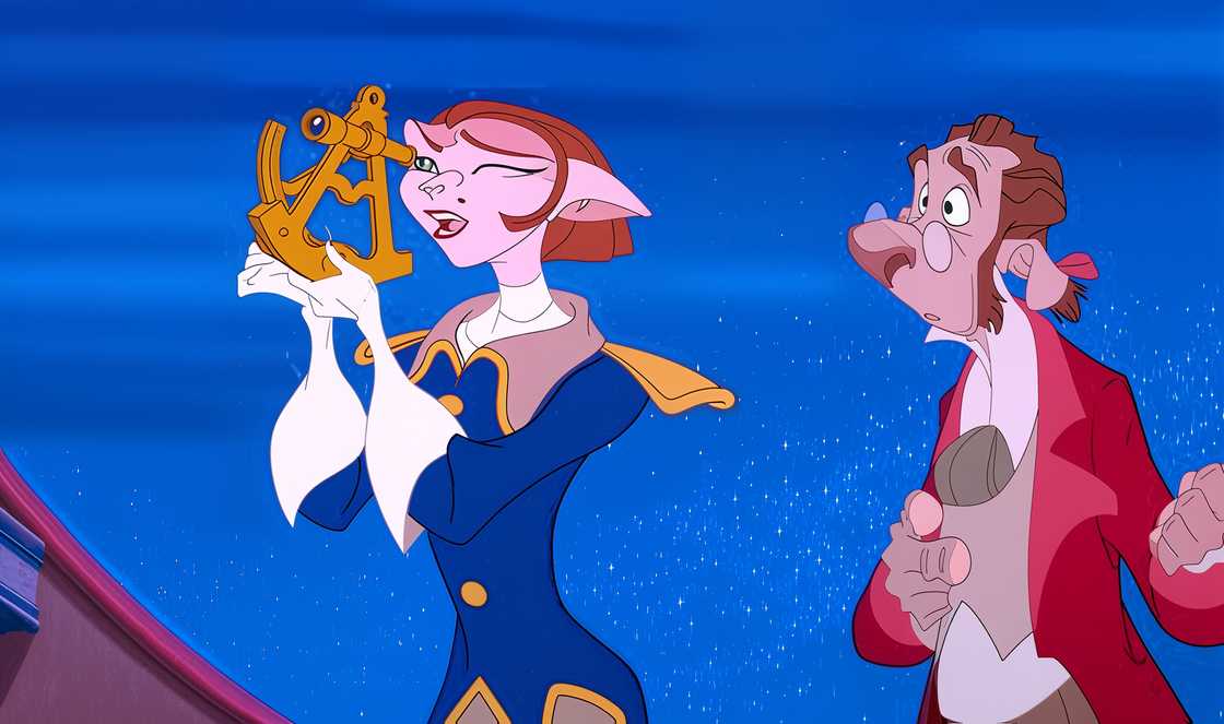 An illustration of Captain Amelia holding a navigational instrument as Dr. Delbert Doppler looks on An illustration of Captain Amelia holding a navigational instrument as Dr. Delbert Doppler looks on