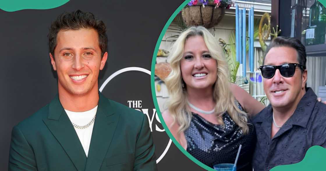 Tommy DeVito poses in a green suit at the 2024 ESPY Awards. His parents, Lexy and Tom, pose outdoors in black outfits.