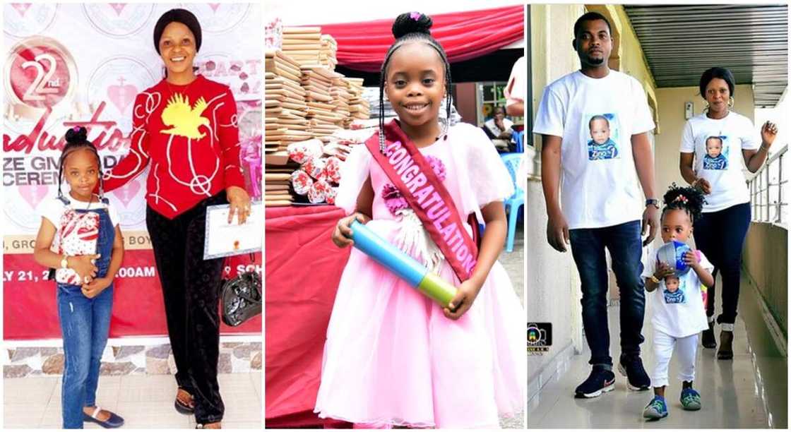 Photo of a Nigerian girl with her parents as she become best graduating pupil in her school in Delta state.