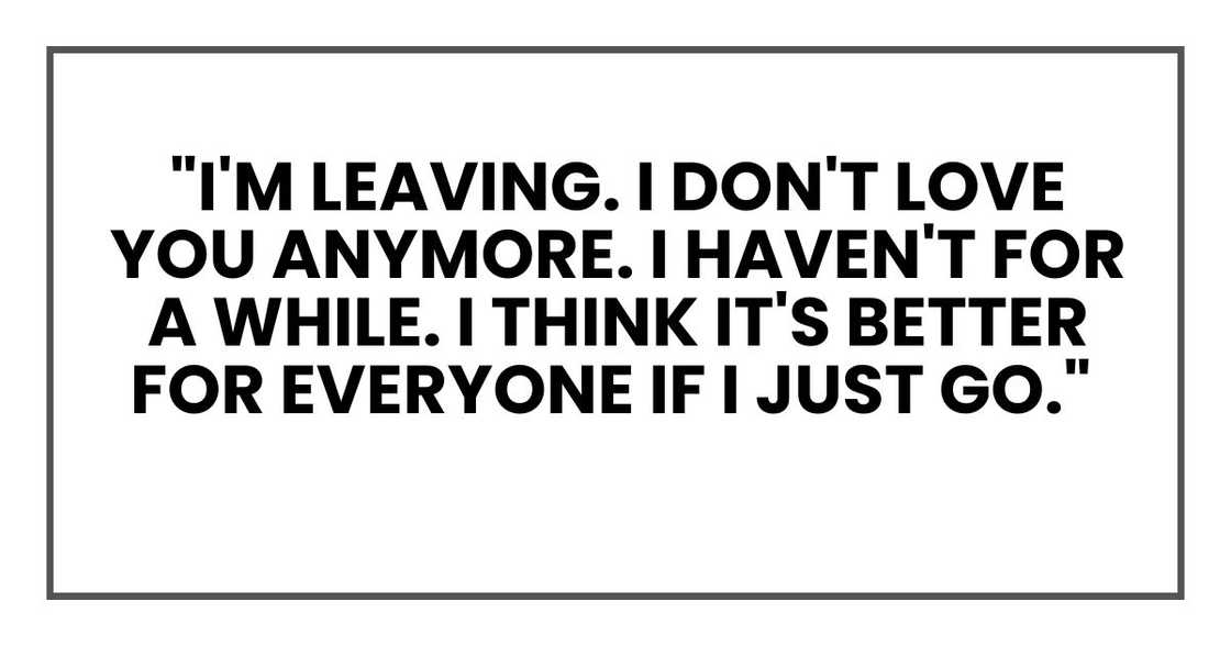 "I'm leaving. I don't love you anymore. I haven't for a while. I think it's better for everyone if I just go." "I'm leaving. I don't love you anymore. I haven't for a while. I think it's better for everyone if I just go."