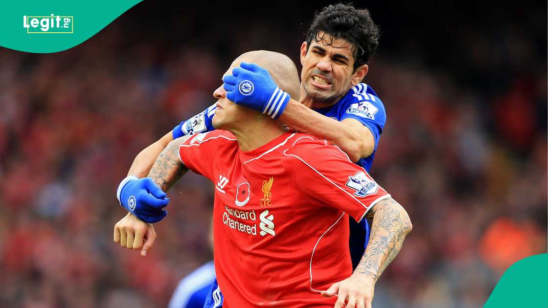 Diego Costa, Martin Skrtel, Chelsea, Liverpool, Stamford Bridge, London, England.