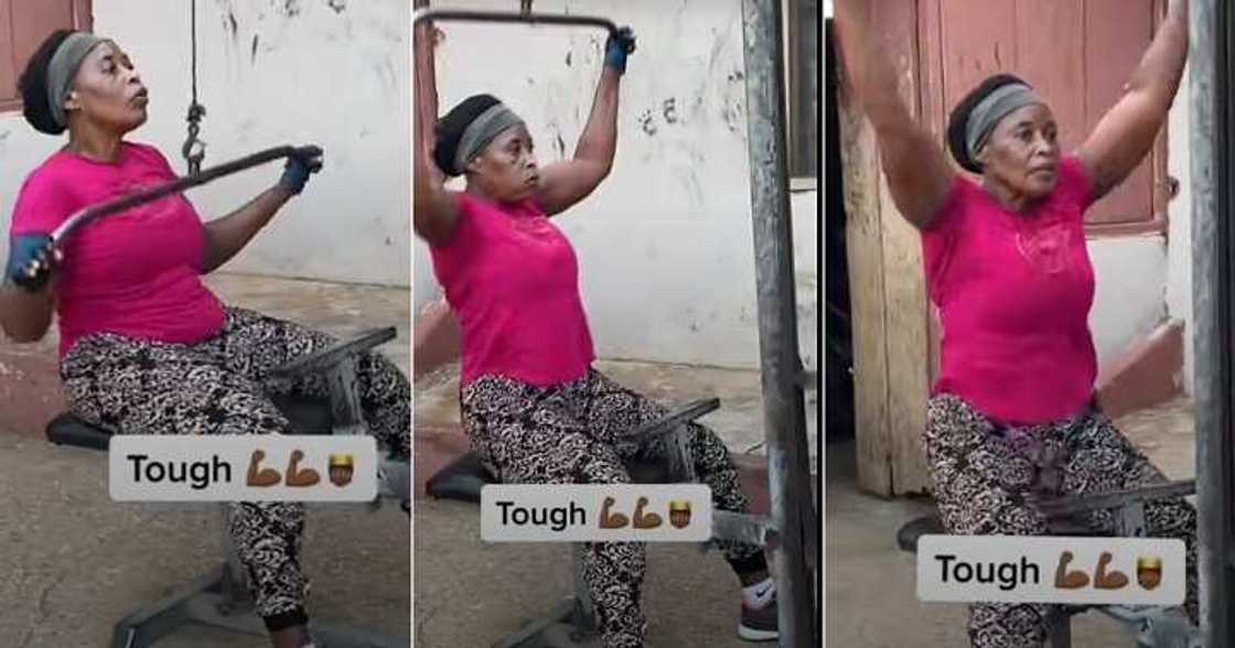 Old woman working out, muscle building