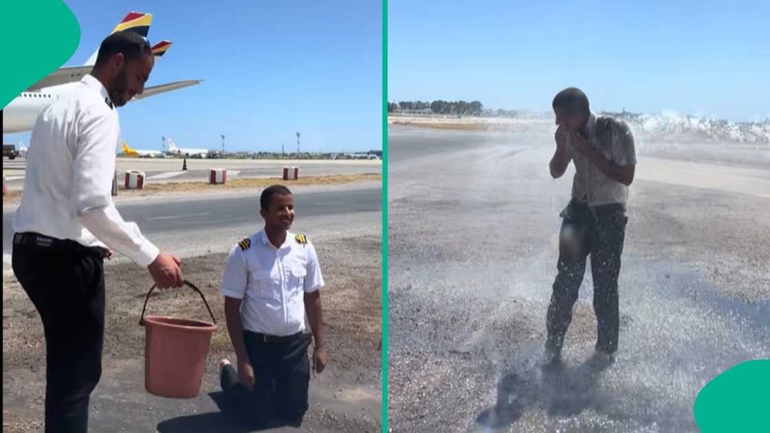 Pilot who flew solo for the first time celebrates the achievement.