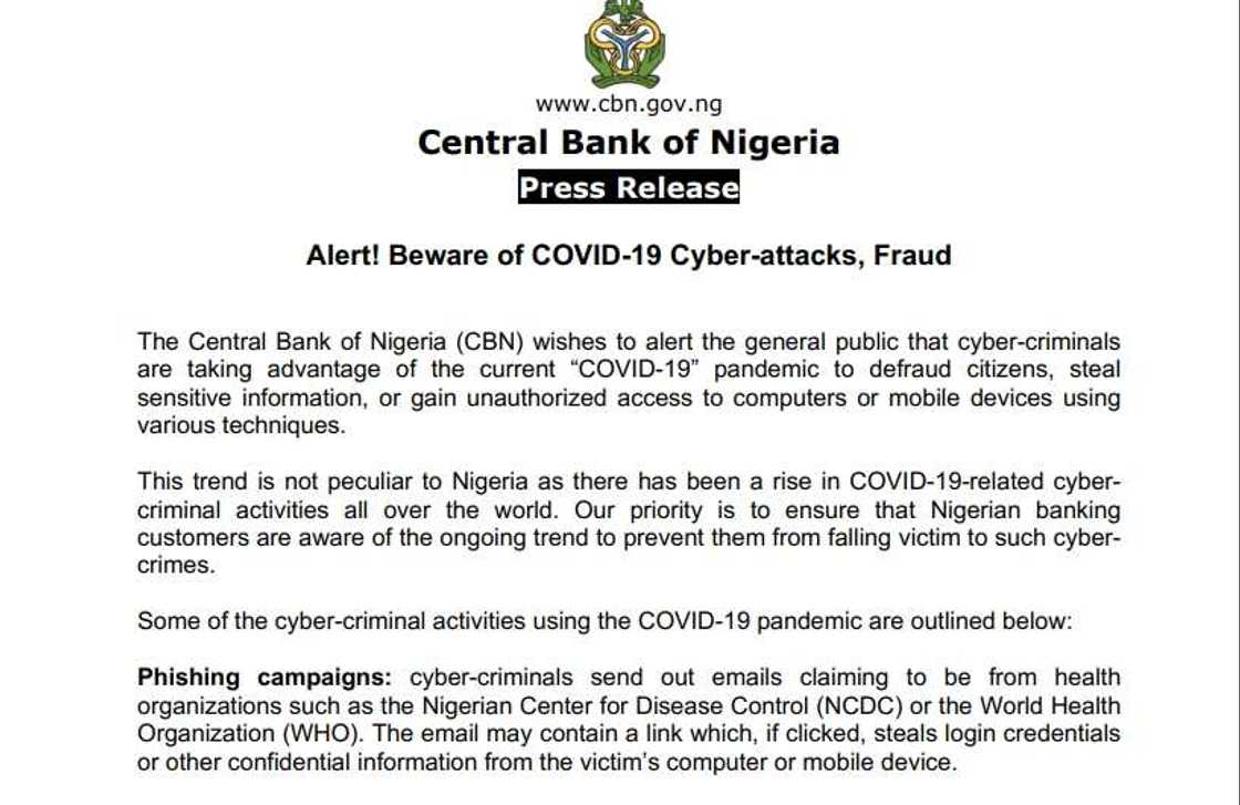 Beware of COVID-19 cyber-attacks, fraud - CBN warns Nigerians Beware of COVID-19 cyber-attacks, fraud - CBN warns Nigerians