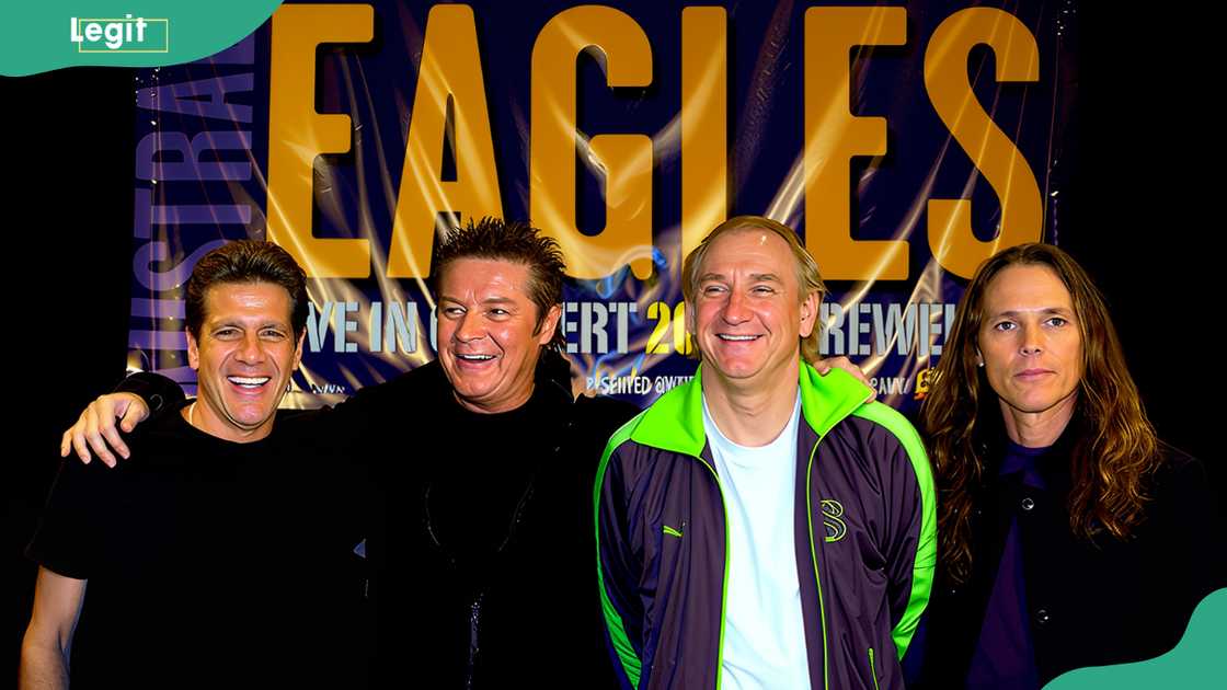 Glenn Frey, Don Henley, Joe Walsh, and Timothy B. Schmit - posed in a group shot