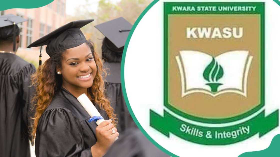 A student holding her diploma after the college graduation ceremony (L). The KWASU logo (R)