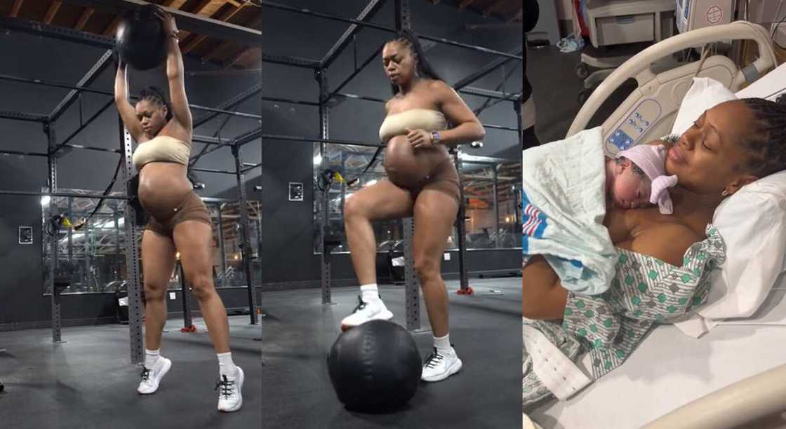 Photos of a pregnant woman performing excercises at a gym.