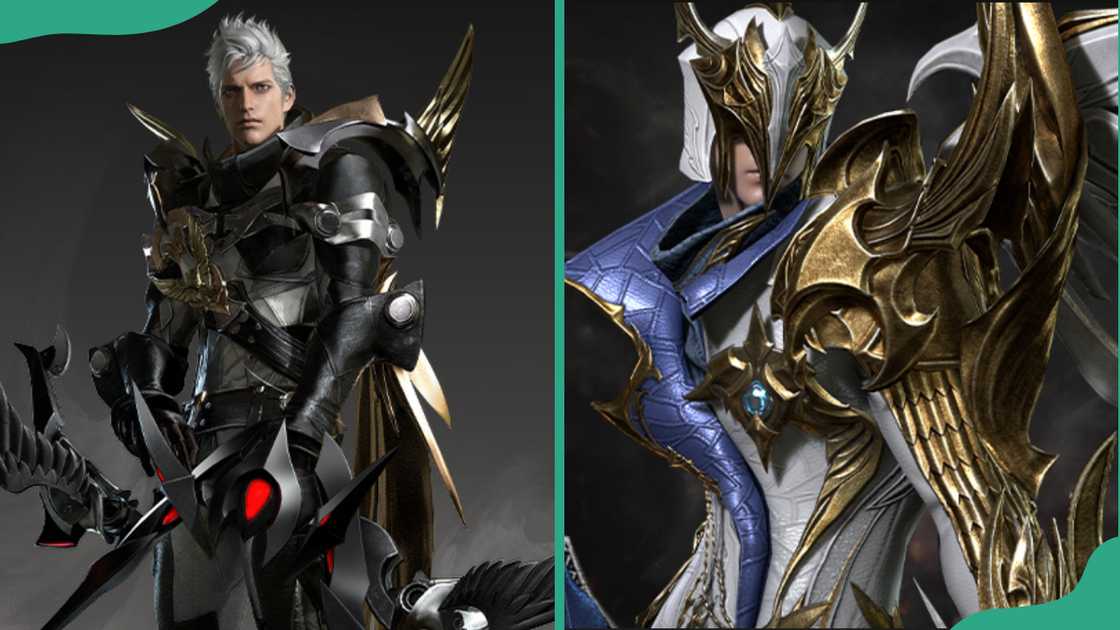 Silver-haired Sharpshooter in black armour with blades (L). Masked Sharpshooter with golden wings and armour (R). Silver-haired Sharpshooter in black armour with blades (L). Masked Sharpshooter with golden wings and armour (R).