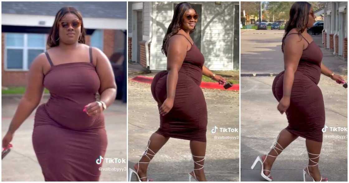 Curvy lady in heels, curvy lady with massive shape, lady catwalks on road