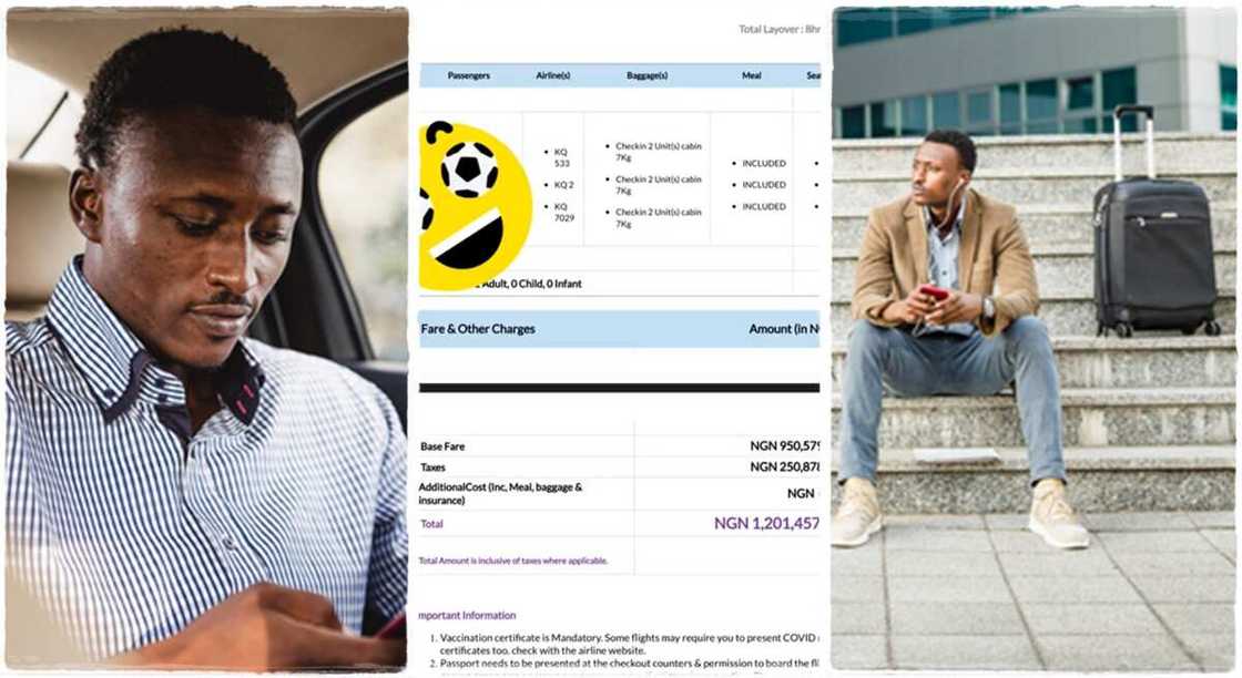 Photos of a man who bought a fake flight take from Lagos to Toronto.