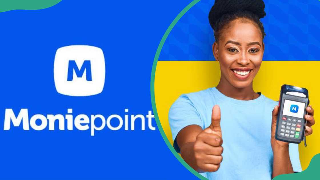 Moniepoint logo and young woman holding a Moniepoint POS machine Moniepoint logo and young woman holding a Moniepoint POS machine