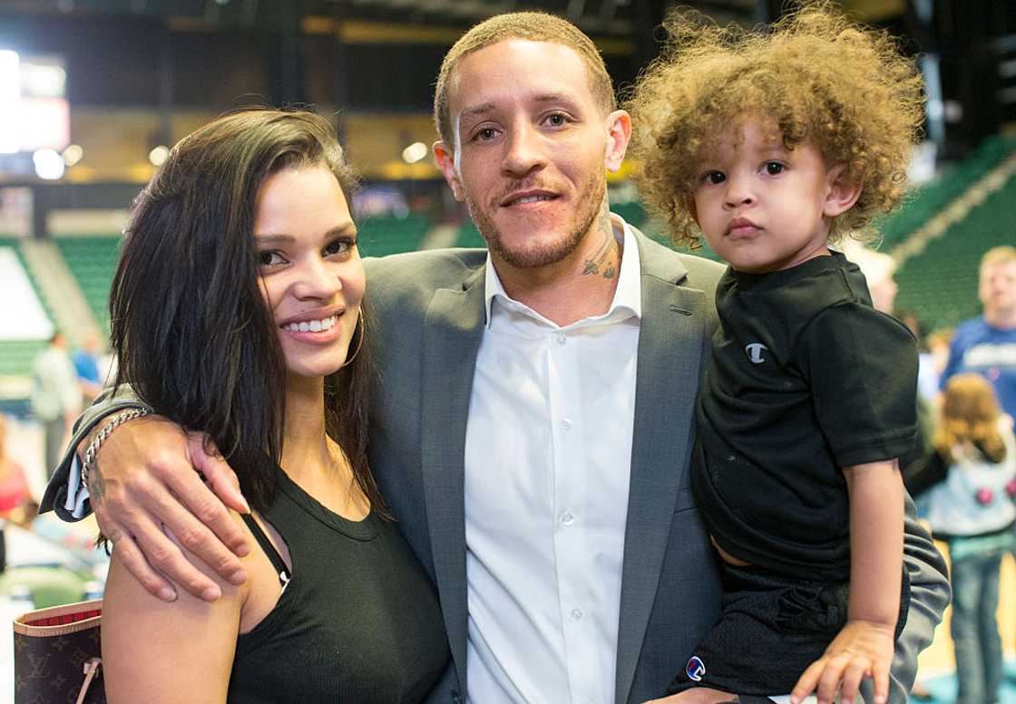 Texas Legends basketball player Delonte West with his wife Caressa and son Cash at the Dr. Pepper Arena in Frisco, Texas