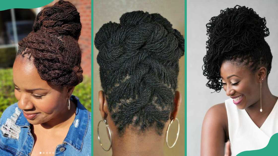 Elegant updo with side twist (L), French twist updo (C), classy updo with side bangs (R)