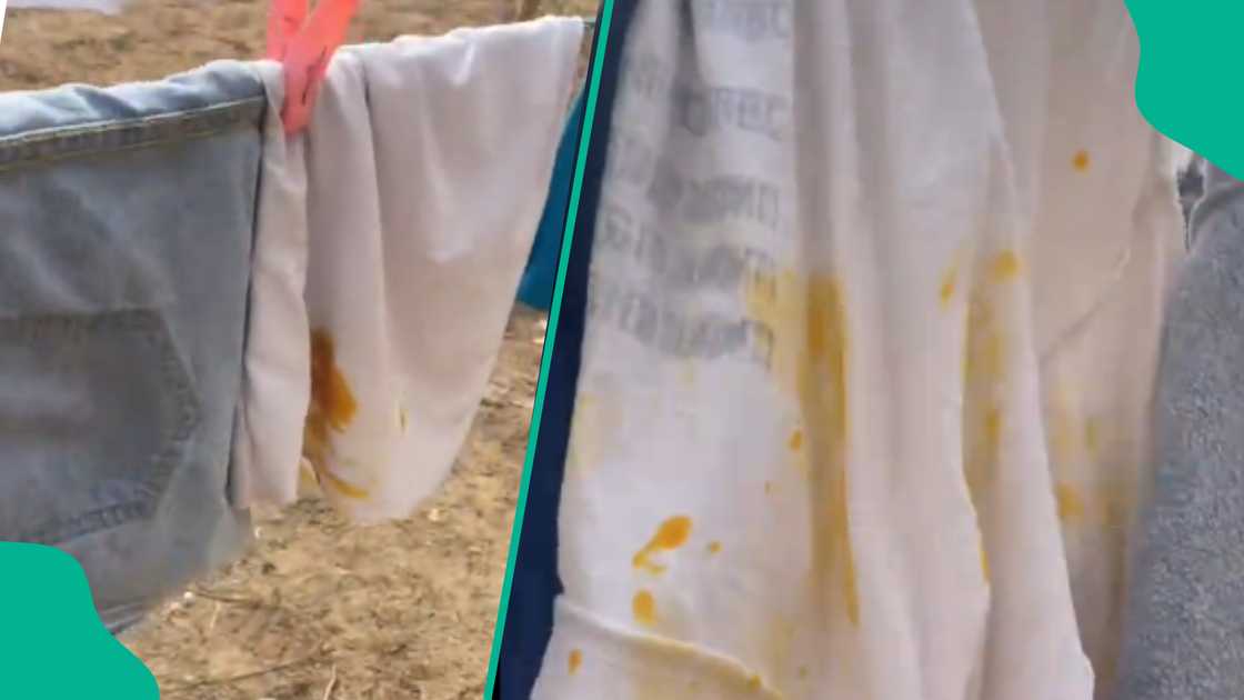 Lady shares video of landlord's mother ruining washed clothes with palm oil; tenant shocked; social media reacts, many say they wouldn’t tolerate such behaviour from anyone. Lady shares video of landlord's mother ruining washed clothes with palm oil; tenant shocked; social media reacts, many say they wouldn’t tolerate such behaviour from anyone.