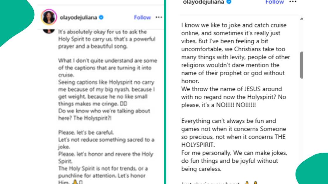 Olayode Juliana reacts to 'Holy Spirit Carry Me' trend, warns against joking with the Holy Spirit, calls for reverence, addresses viral clips by Destiny Etiko and May Edochie. Olayode Juliana reacts to 'Holy Spirit Carry Me' trend, warns against joking with the Holy Spirit, calls for reverence, addresses viral clips by Destiny Etiko and May Edochie.