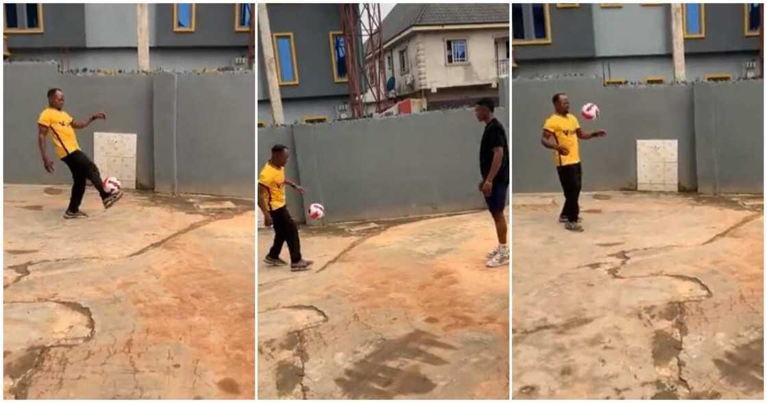 Nigerian dad juggles ball, Messi, ball, Harry Maguire, grown-up son Nigerian dad juggles ball, Messi, ball, Harry Maguire, grown-up son