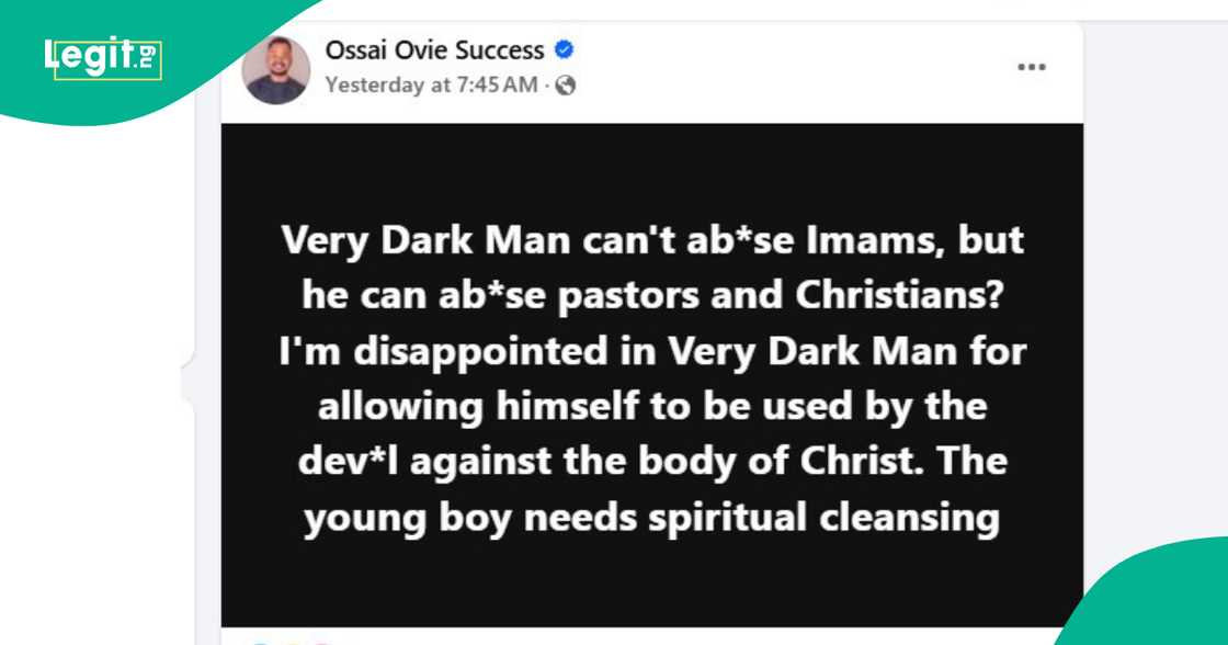 Delta State’s media aide, Ossai Ovie Success, slammed VeryDarkMan for his anti-pastor commentary. Delta State’s media aide, Ossai Ovie Success, slammed VeryDarkMan for his anti-pastor commentary.