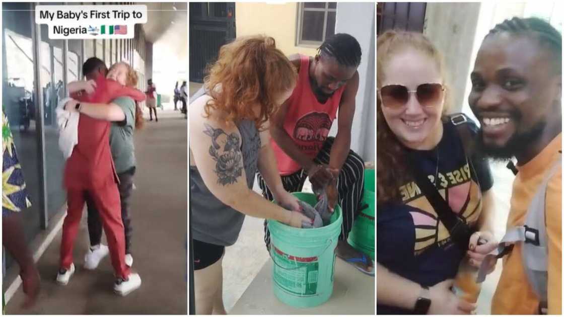 Interracial couple/white lady washed clothes.