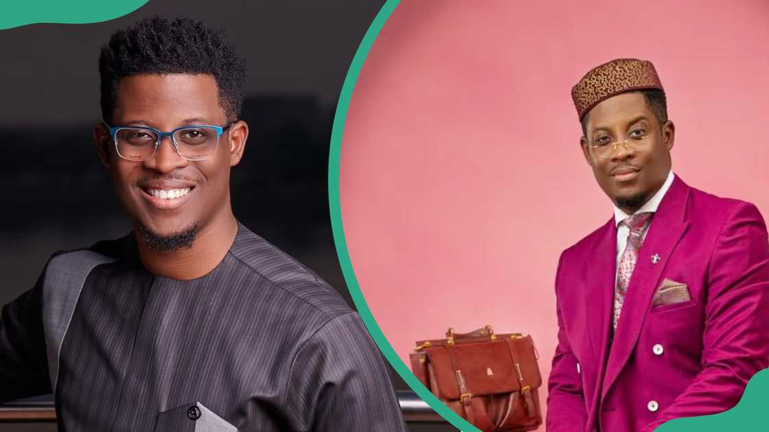 Seyi Awolowo in a black suit smiles in a solo picture (L). The actor dons a pink suit with a brown cap (R) Seyi Awolowo in a black suit smiles in a solo picture (L). The actor dons a pink suit with a brown cap (R)