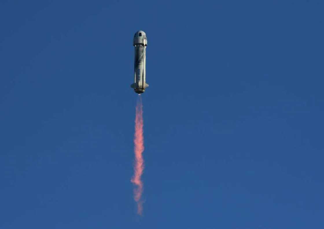 A Blue Origin rocket takes off in Texas in March 2022