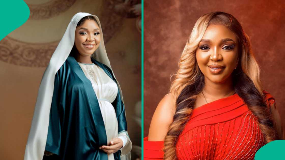 Actress Ekene Umenwa dresses like Mother Mary as she welcomes first child. Actress Ekene Umenwa dresses like Mother Mary as she welcomes first child.