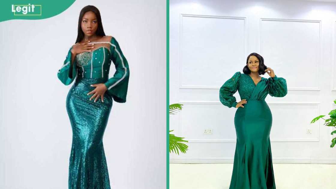 Ladies wearing teal green sequence gowns