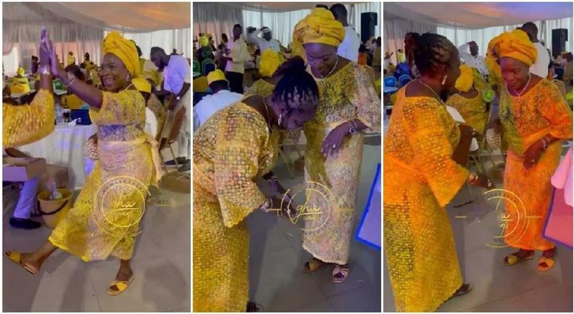 Mum in yellow wrapper causes stir at a party with her modern dance moves to Holy Father by Mayokun and Victony.