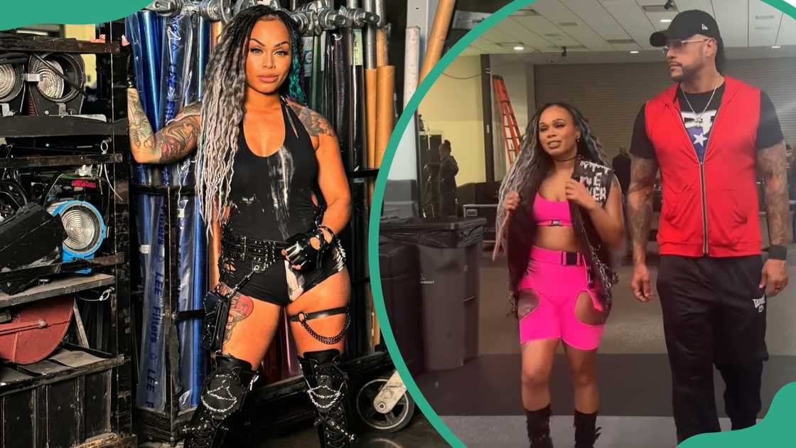 Kayden in a black outfit with multiple straps and accessories (L). Kayden and Damian walking together indoors (R) Kayden in a black outfit with multiple straps and accessories (L). Kayden and Damian walking together indoors (R)