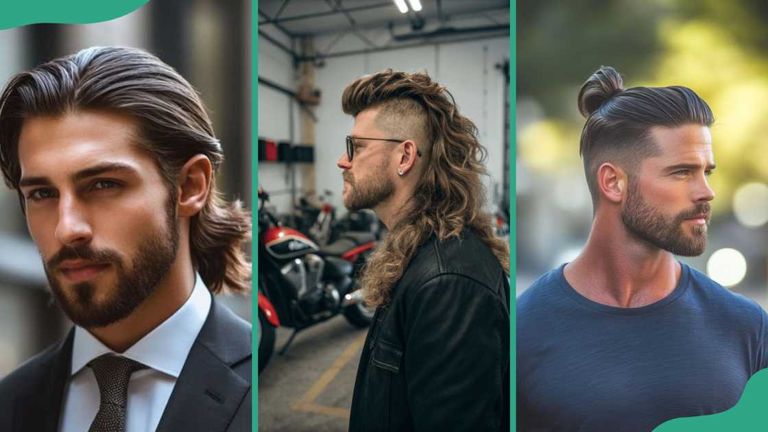 Long slick back (L), long mullet (C), and man bun (R) haircuts Long slick back (L), long mullet (C), and man bun (R) haircuts