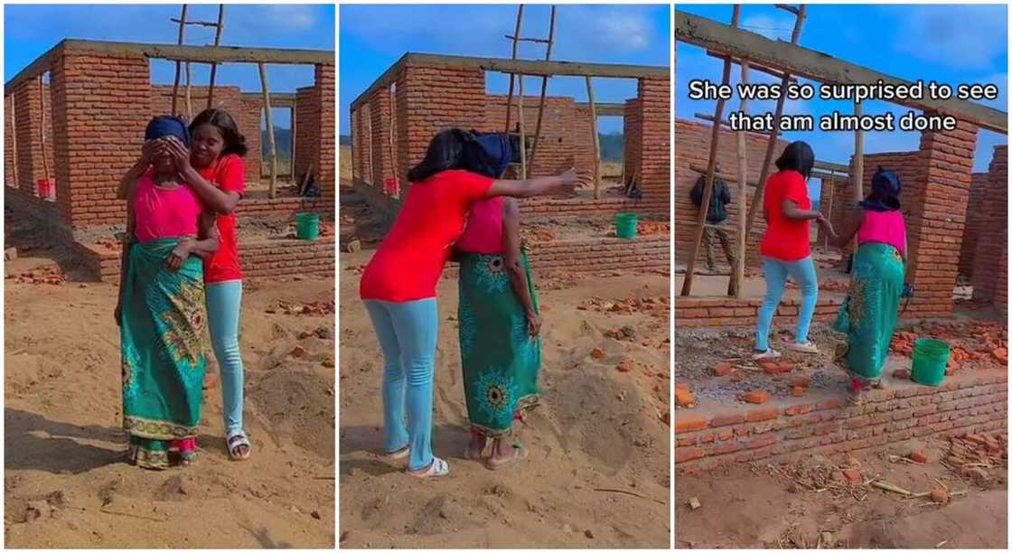 Photos of when a lady led her grandmother to a house she is building.