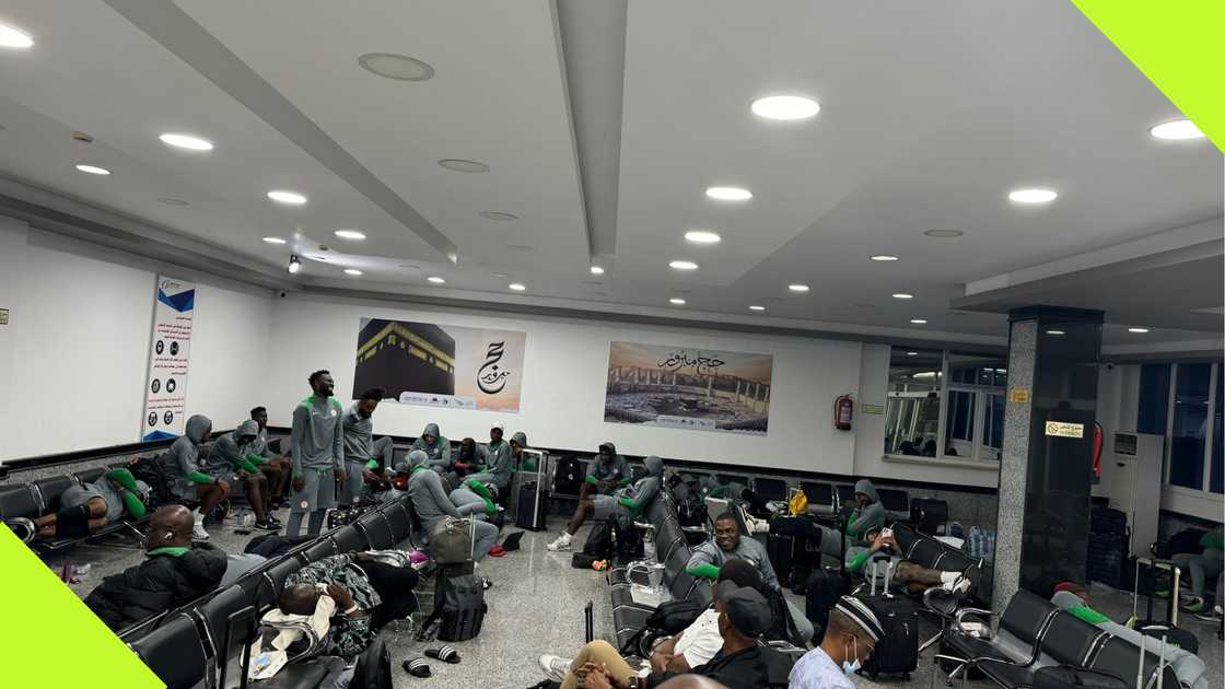 Players of the Super Eagles pictured at the Al Abraq airport