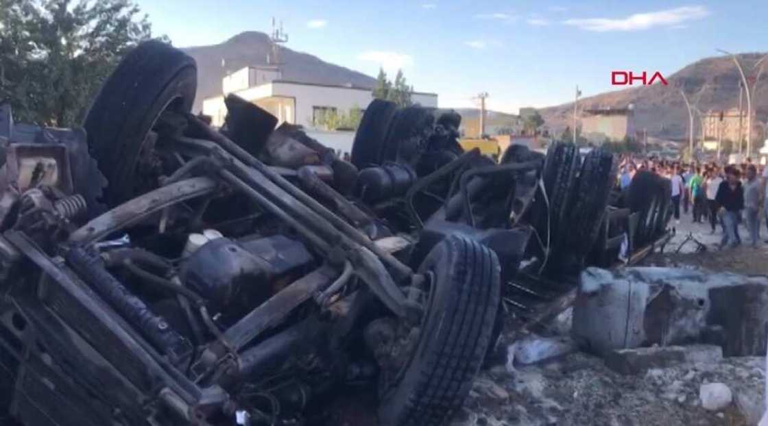 A video grab taken from AFP TV footage on August 20, 2022 shows a truck after a crash in the Derik district of Turkey's Mardin, which killed at least 19 people