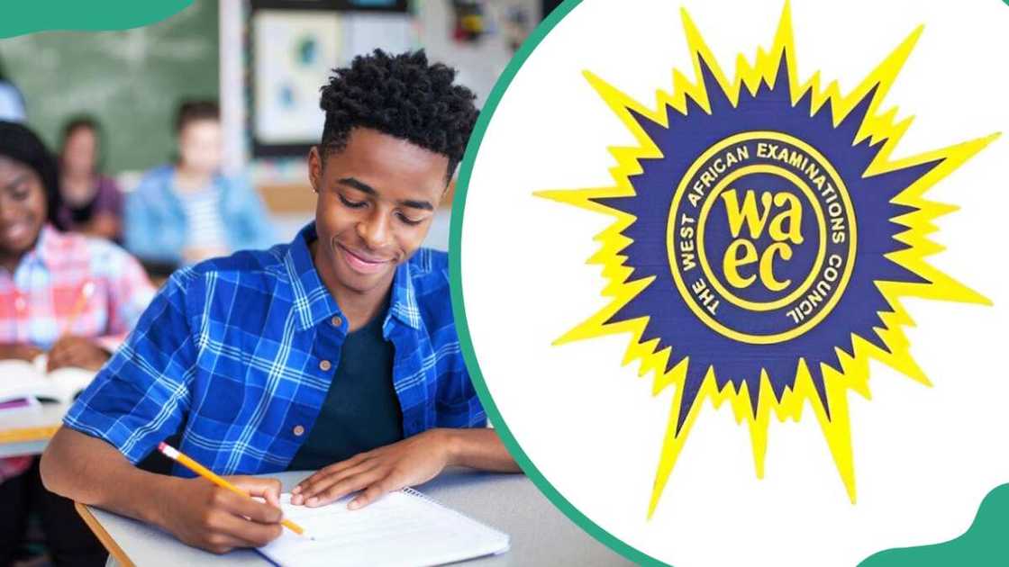 A male student doing exams (L), the WAEC logo A male student doing exams (L), the WAEC logo