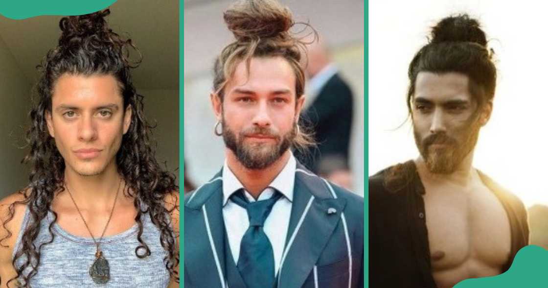 Man buns with curly hair for rugged yet stylish looks.